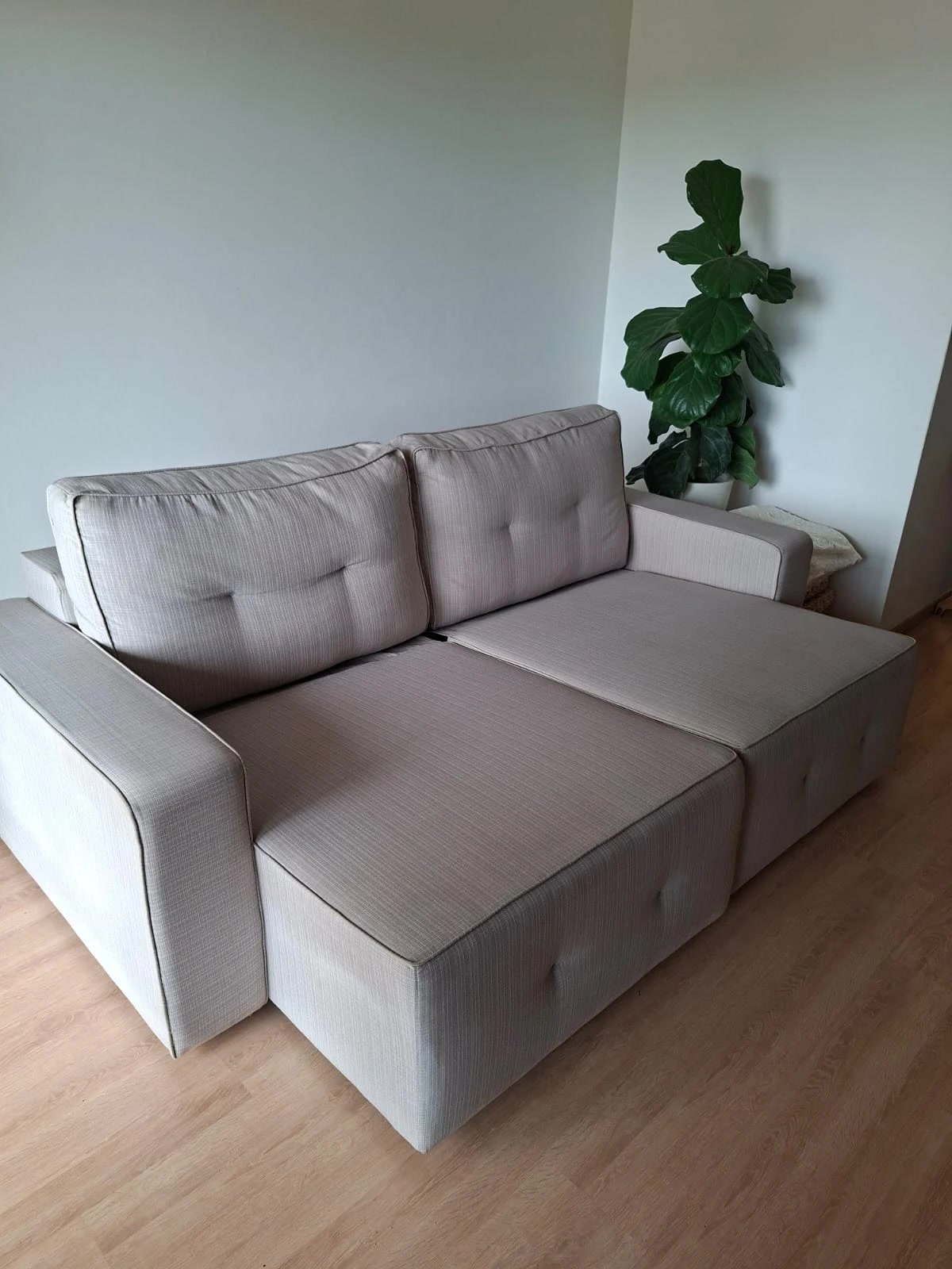 Sofá retrátil bege em uma sala clara, com planta ao lado